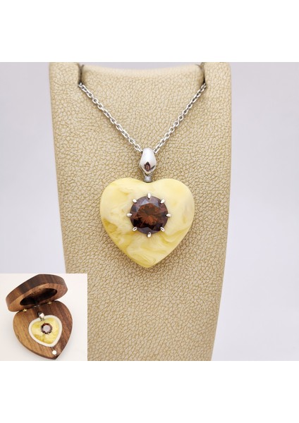 10 mm Zirkon Taşlı Bakalit Sıkma Kehribar Gümüş Kolye (Özel Yapım Ahşap Kutulu)