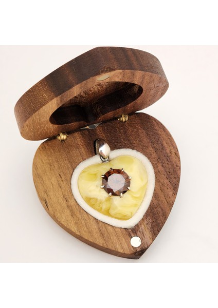 10 mm Zirkon Taşlı Bakalit Sıkma Kehribar Gümüş Kolye (Özel Yapım Ahşap Kutulu)