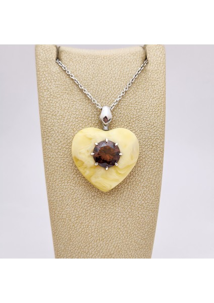 10 mm Zirkon Taşlı Bakalit Sıkma Kehribar Gümüş Kolye (Özel Yapım Ahşap Kutulu)
