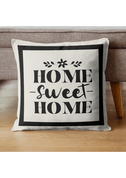 Home Sweet Home Desenli Dekoratif Kırlent Kılıfı Krem-Siyah