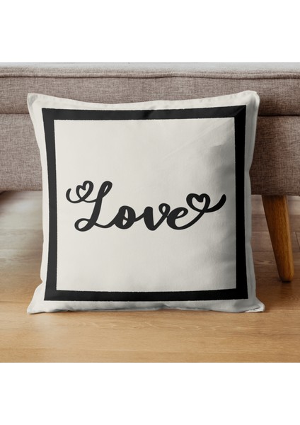 Love Kalp Desenli Dekoratif Kırlent Kılıfı Krem-Siyah