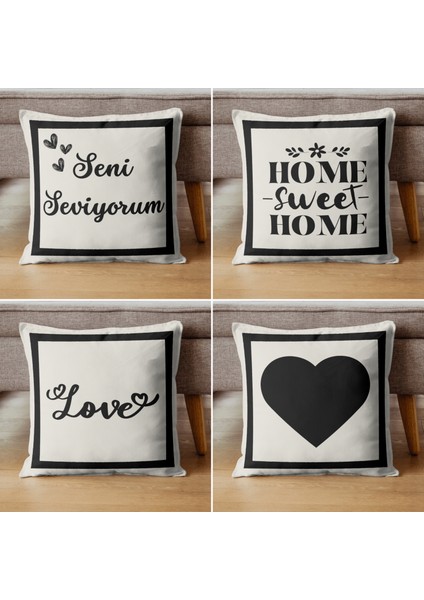 Love Kalp Desenli Dekoratif Kırlent Kılıfı Krem-Siyah