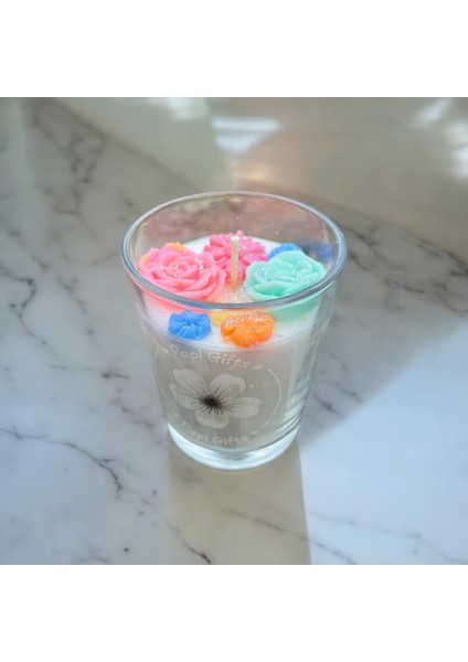 Çiçek Süslemeli Mora Mora Kokulu Doğal Bardak Mum ( 1 Adet )