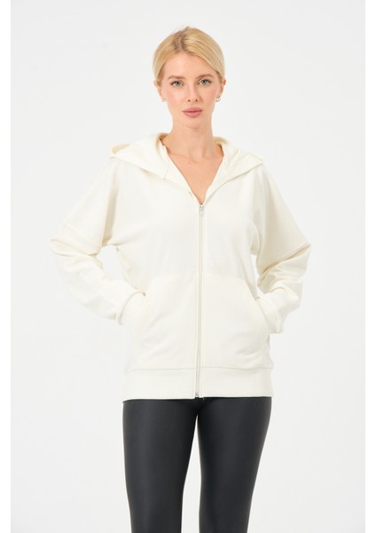 Krem Baskılı Kapüşonlu Fermuarlı Mevsimlik Oversize Sweatshirt
