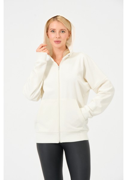 Krem Baskılı Kapüşonlu Fermuarlı Mevsimlik Oversize Sweatshirt