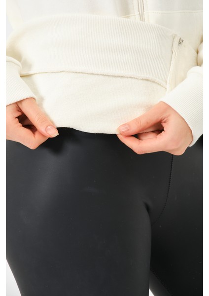 Krem Baskılı Kapüşonlu Fermuarlı Mevsimlik Oversize Sweatshirt