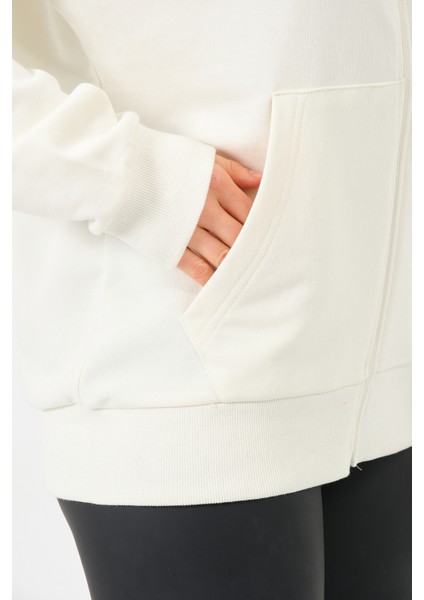 Krem Baskılı Kapüşonlu Fermuarlı Mevsimlik Oversize Sweatshirt