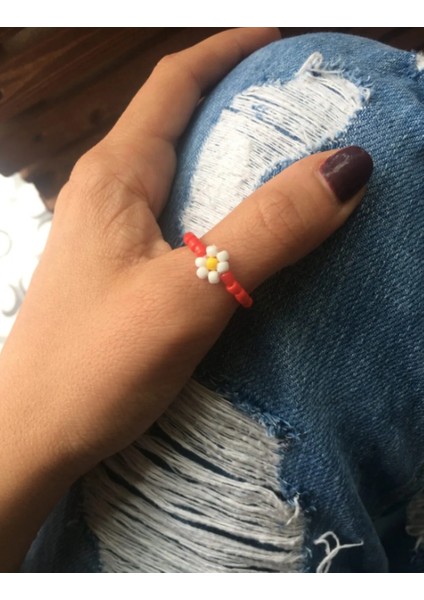 Miyuki Boncuk Papatya Yüzük Kırmızı