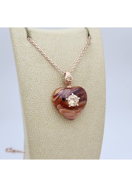 6 mm Zirkon Taşlı Bakalit Sıkma Kehribar Gümüş Kolye