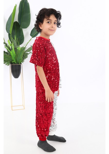 KADIKÖY KOSTÜM Erkek Çocuk Kırmızı Beyaz Pul Payet Dansçı Kostümü