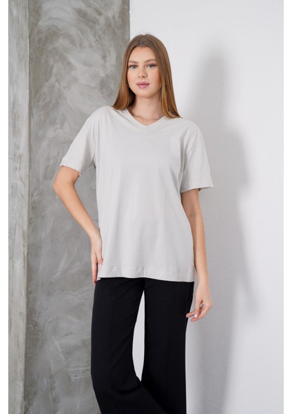 Kadın Violet Penye V Yaka T-Shirt, Geniş Kalıp Tişört