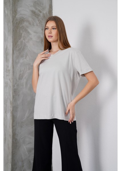 Kadın Violet Penye V Yaka T-Shirt, Geniş Kalıp Tişört modelleri