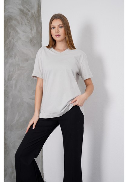 Kadın Violet Penye V Yaka T-Shirt, Geniş Kalıp Tişört fırsatları