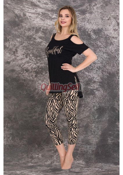 Siyah Renk, Zebra Desenli Pamuklu Kadınların Tercihi Lady 12021 Kapri ve Taytlı Pijama Takımı