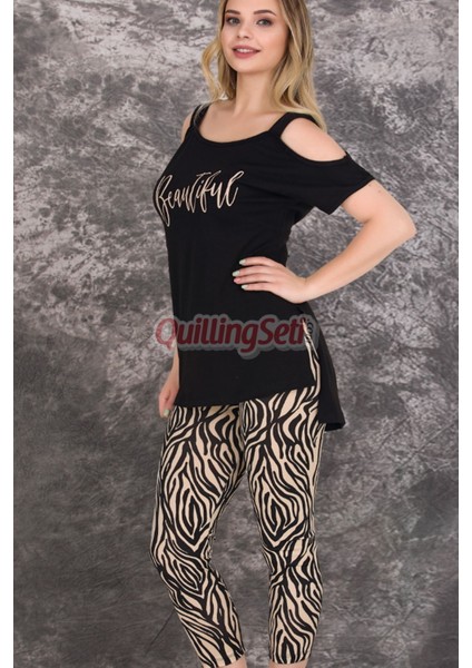 Siyah Renk, Zebra Desenli Pamuklu Kadınların Tercihi Lady 12021 Kapri ve Taytlı Pijama Takımı