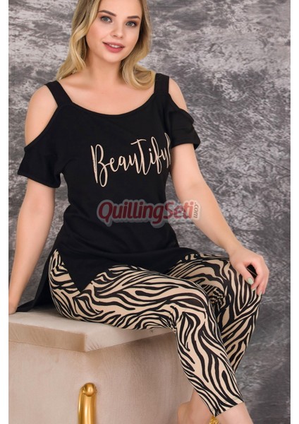 Siyah Renk, Zebra Desenli Pamuklu Kadınların Tercihi Lady 12021 Kapri ve Taytlı Pijama Takımı