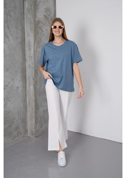 Kadın Violet Penye V Yaka T-Shirt, Geniş Kalıp Tişört