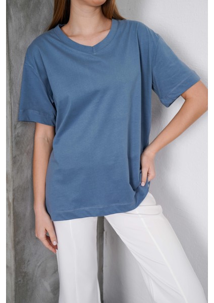 Kadın Violet Penye V Yaka T-Shirt, Geniş Kalıp Tişört fırsatları