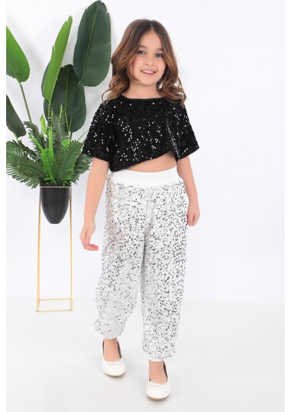 KADIKÖY KOSTÜM Kız Çocuk Siyah Beyaz Kısa Tişört Pul Payet Dansçı Kostümü