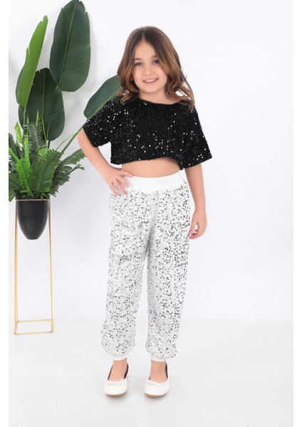KADIKÖY KOSTÜM Kız Çocuk Siyah Beyaz Kısa Tişört Pul Payet Dansçı Kostümü modelleri