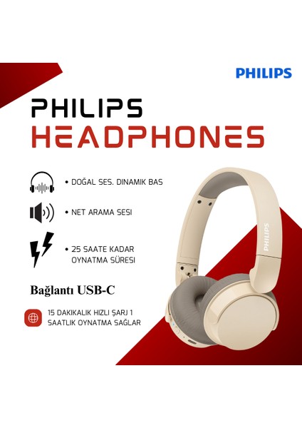 Phılıps Dinamik Bas, Çok Noktalı Bağlantı Kablosuz Kulak Üstü Kulaklık Bej
