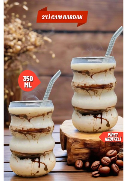 2 Adet Borosilikat Boğumlu Model Kokteyl ve Soğuk-Sıcak Kahve Bardağı Pipet 350ML