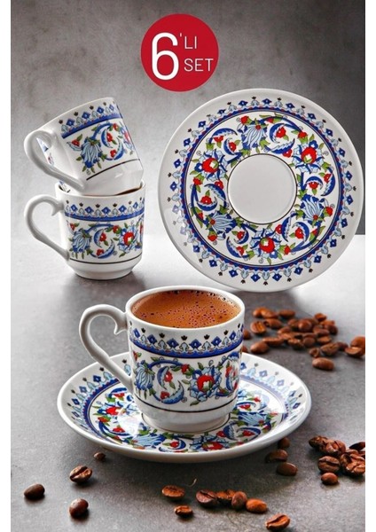 12 Parça 6 Kişilik Topkapı Desen Porselen Kahve Fincan Takımı
