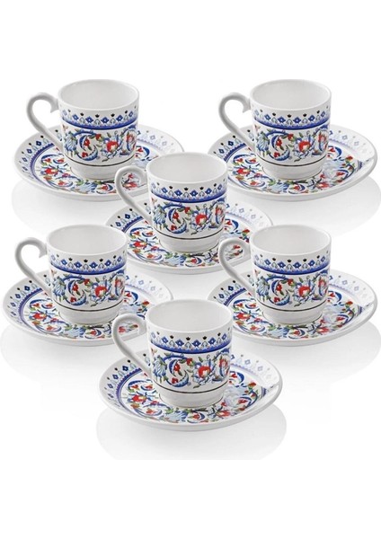 12 Parça 6 Kişilik Topkapı Desen Porselen Kahve Fincan Takımı