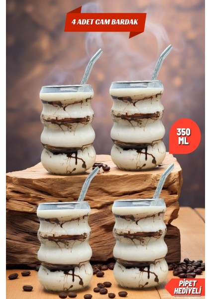 4 Adet Borosilikat Boğumlu Model Kokteyl ve Soğuk-Sıcak Kahve Bardağı Pipet 350ML