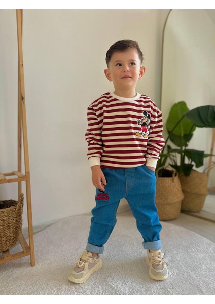 Bayramlık Mickey Mouse Detaylı Kot Pantolonlu Erkek Çocuk Alt Üst Takım modelleri