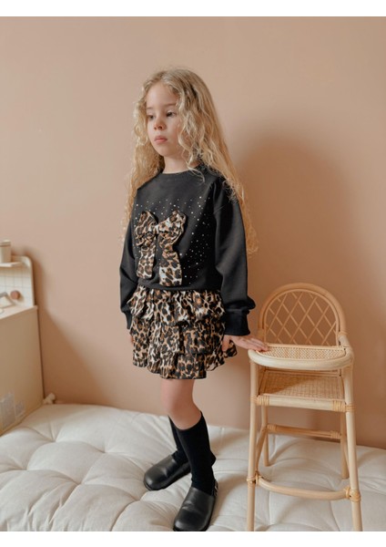 Yigit Butik Fiyonk Işlemeli Leopar Etekli Kız Çocuk Takım fırsatları