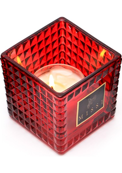 Kırmızı Kristal Kare Cam Mumluk ve Tealight Seti (8x8 Cm)