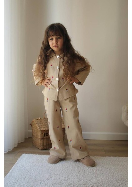 Bayramlık Çiçek Desenli Kot Kız Çocuk Alt Üst Takım