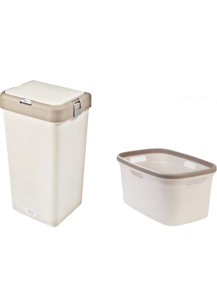 Motek Tekli 40 lt Kirli Çamaşır Sepeti+Çamaşır Selesi İkili Set, Çeyiz Seti Kahve+Krem