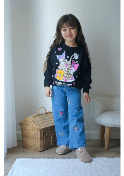 Kuromi ve Stich Detaylı Kot Pantolonlu Kız Çocuk Alt Üst Takım
