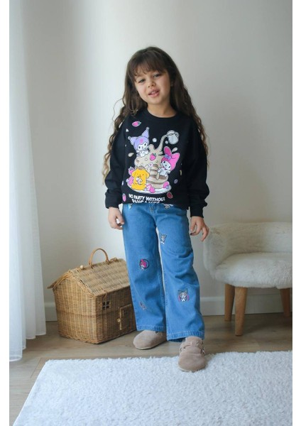 Kuromi ve Stich Detaylı Kot Pantolonlu Kız Çocuk Alt Üst Takım modelleri