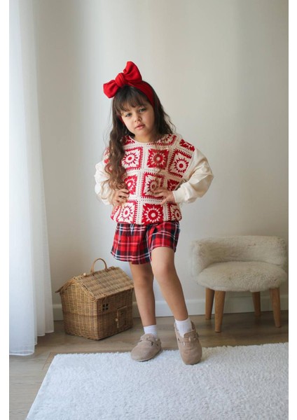 Bayramlık Kareli Etekli Çicekli Triko Kazaklı Kız Çocuk Alt Üst Takım