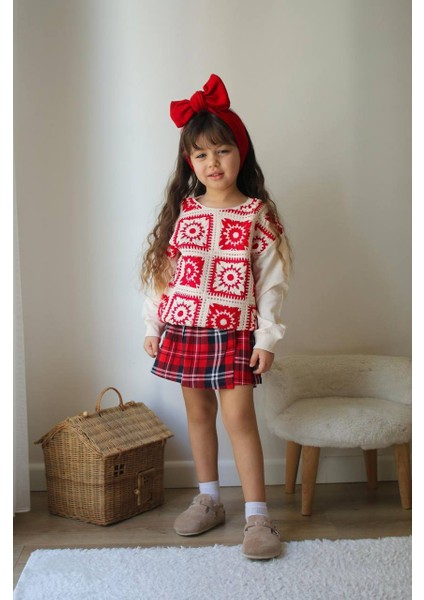 Bayramlık Kareli Etekli Çicekli Triko Kazaklı Kız Çocuk Alt Üst Takım fiyatları