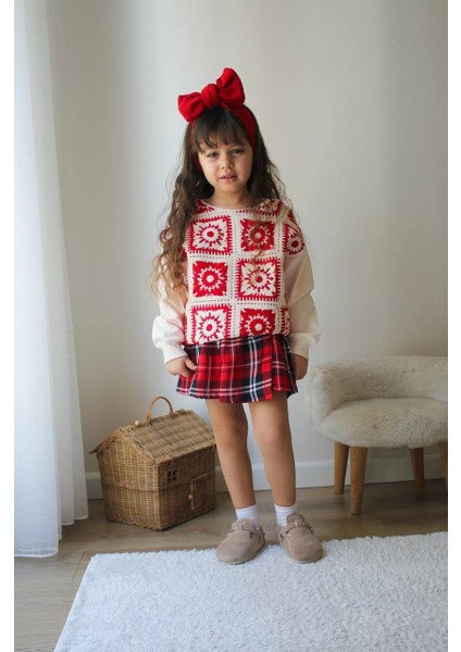 Bayramlık Kareli Etekli Çicekli Triko Kazaklı Kız Çocuk Alt Üst Takım modelleri