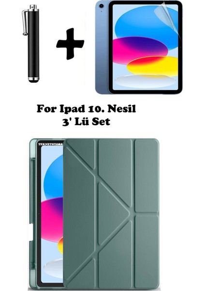 Ipad A16 (11.NESİL) 2025 10. Nesil 10.9 Kılıf Kalem Bölmeli Arkası Silikon Standlı Uyku Modlu Kapak Ekran Koruyucu Kalem SET