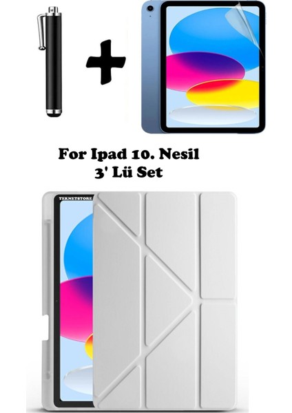 Ipad A16 (11.NESİL) 2025 10. Nesil 10.9 Kılıf Kalem Bölmeli Arkası Silikon Standlı Uyku Modlu Kapak Ekran Koruyucu Kalem SET