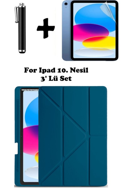 Ipad A16 (11.NESİL) 2025 / 10. Nesil 10.9 Kılıf Kalem Bölmeli Arkası Silikon Standlı Uyku Modlu Kapak Ekran Koruyucu Kalem SET