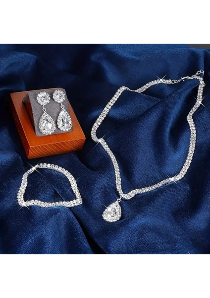 Zarif Şık Taşlı Kolye+Küpe+Bilezik Takı Seti Gümüş Kaplama