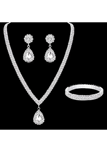 Zarif Şık Taşlı Kolye+Küpe+Bilezik Takı Seti Gümüş Kaplama fiyatları