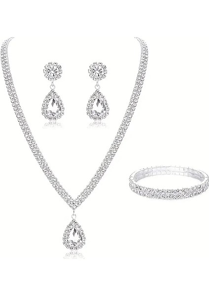 Zarif Şık Taşlı Kolye+Küpe+Bilezik Takı Seti Gümüş Kaplama modelleri