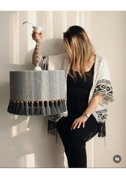 Bohem Makrome Avize Gri Renk & Bebek Odası Avize Modern 33 x 58 1 E27 Gri Bebek / Çocuk