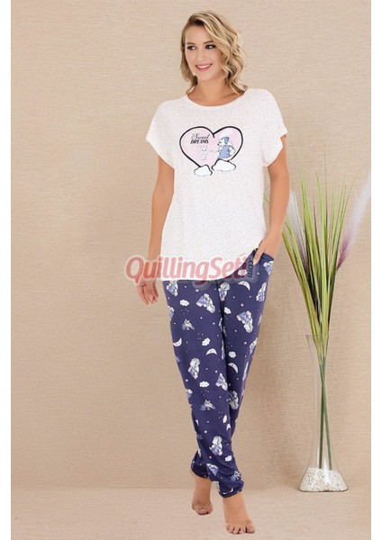 Lacivert Renk ve Desenli Lady 12584 Pamuk Viskon Kadın Kısa Kol Pijama Takımı