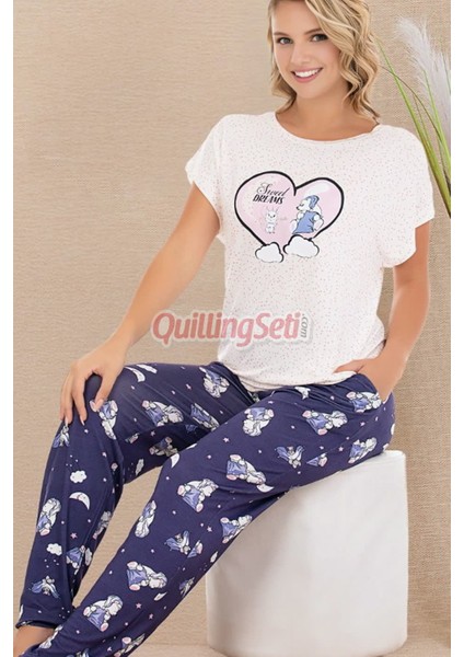 Lacivert Renk ve Desenli Lady 12584 Pamuk Viskon Kadın Kısa Kol Pijama Takımı fırsatları