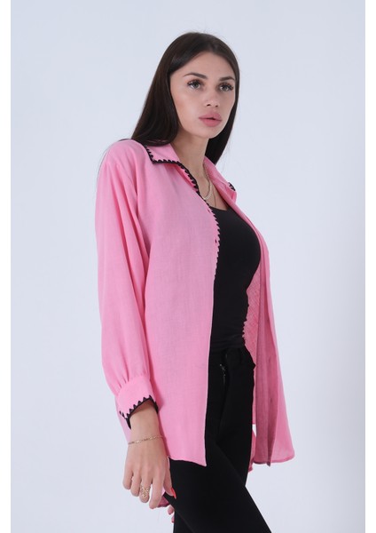 Pembe Yaka Manşet Ön Pat Nakış Detaylı Tunik 3972952.10
