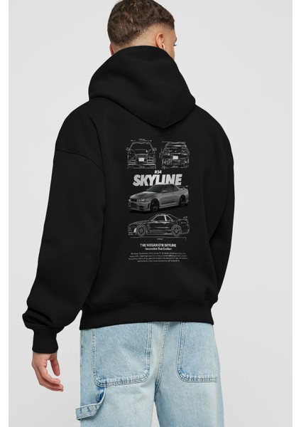 Nıssan Gtr Skylıne R34 Arka Baskılı Hoodie Oversize Kapüşonlu Sweatshirt Erkek Kadın Unisex